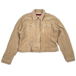 Womens Solid Brand Corduroy Brown Cropped Button Up Jacket Size 3XL B40